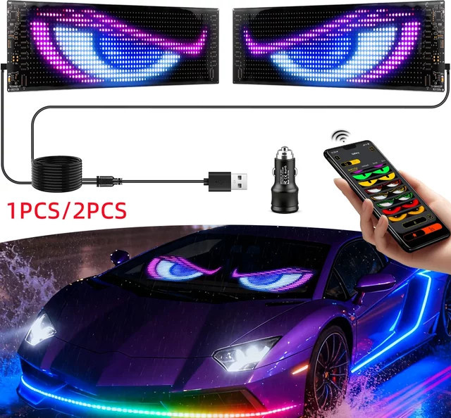 Lcamaw Dämonenaugen Auto-Werbelicht mit intelligenter APP-Steuerung, programmierbares RGBIC LED Matrix-Pixel-Panel für Auto und LKW, Schwarz - Bild 1