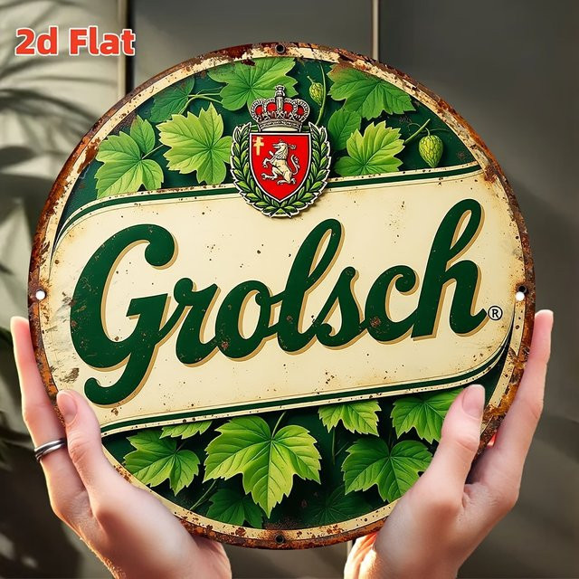 Vintage Grolsch Bierschild aus Aluminium in Grün, rundes Wandkunst-Dekor für Bar und Restaurant, Durchmesser: 20 cm - Bild 1