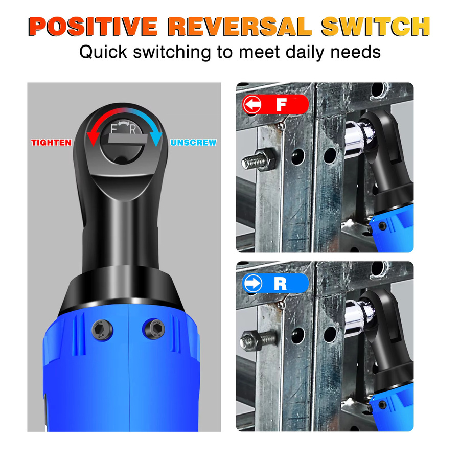 DayPlus Kabelloser elektrischer Ratschenschlüsselsatz 3/8 Zoll in Blau mit 2x 1500mAh Li-Ion-Akkus und 7 Steckschlüsseln für Auto, Fahrrad und Montage - Bild 4