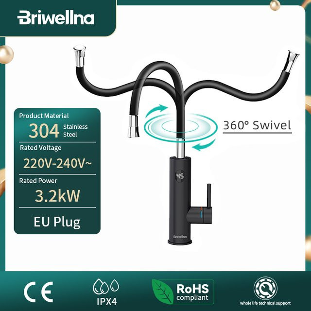 Briwellna Elektrischer Durchlauferhitzer 2-in-1 Wasserhahn in Schwarz aus Edelstahl mit Universal-Auslauf für die Küche, 220V - Bild 1