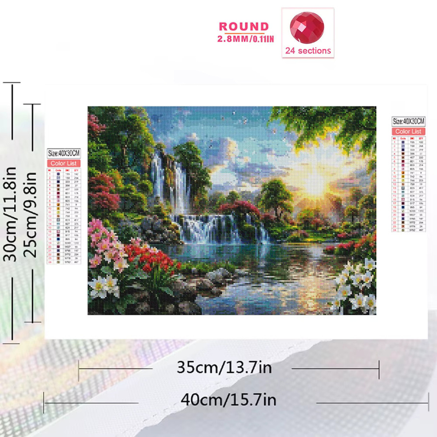 Momoart Diamant-Stickerei DIY Set Wasserfall-Landschaft mit Sonnenuntergang, Rundes Mosaik-Bastelset in Multicolour, Breite: 30 cm, Höhe: 20 cm, Tiefe: 20 cm - Bild 2