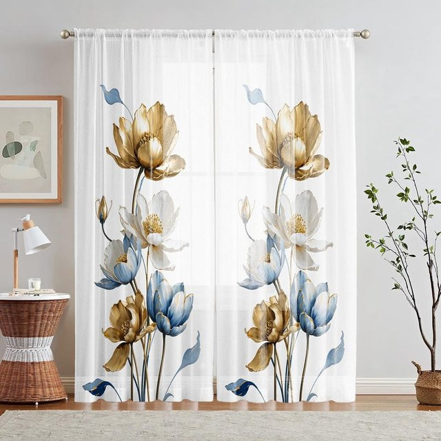2er-Set Fensterbilder mit Gold und Blau Lotus-Blütenmuster, Weiß, B: 132 cm, H: 160 cm - Bild 1