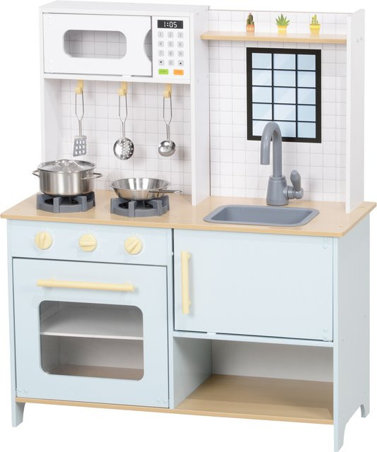 AIYAPLAY Kinderküche Spielküche mit Mikrowelle, Herd, Backofen und Küchenzubehör in Blau und Weiß, B/H/T: 33 x 85,2 x 72 cm - Bild 1