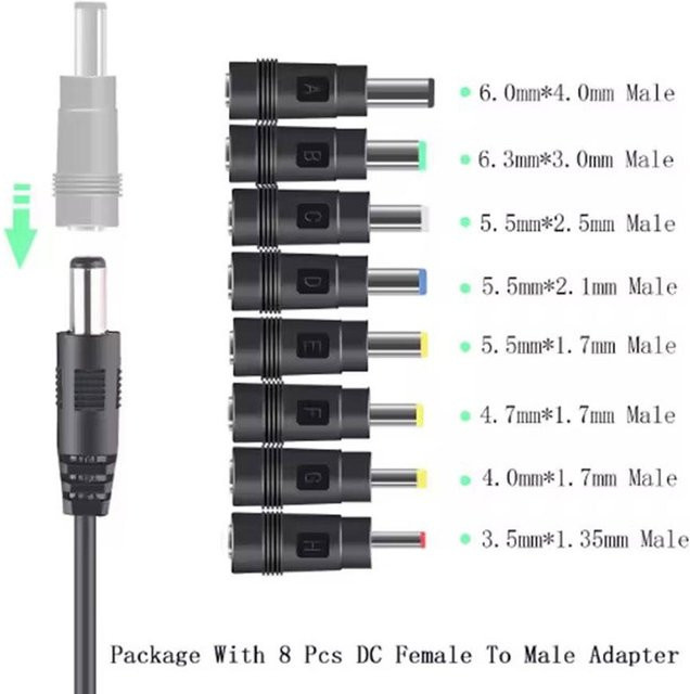 USB-auf-DC-Ladekabel mit 5,5 x 2,1 mm Klinkenstecker, 5V auf 9V/12V Wandler mit 8 wählbaren Anschlusstipps für CCTV-Kameras und TV-Boxen, Schwarz - Bild 1