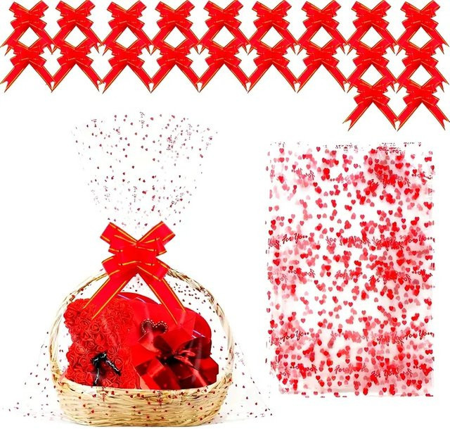 Geschenktüten aus Zellophan mit Herzmuster und Schleife in Rot für Hochzeiten, Geburtstage und Valentinstag - Bild 1