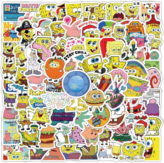 100 Stück Kawaii SpongeBob Schwammkopf Cartoon Aufkleber von Potdemiel, wasserfeste Graffiti Sticker in Multicolour zur Dekoration von Gepäck und Notebook für Kinder - Bild 1