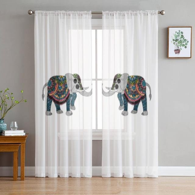 A Family Of Home Textiles Transparente Tüllvorhänge im Indischen Stil mit Elefanten-Motiv, Weiß, Breite: 135 cm, Höhe: 114 cm - Bild 1