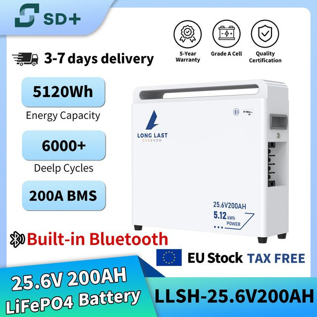 Sandisolar LiFePO4 Lithium-Eisenphosphat-Batterie 25,6V 200Ah/300Ah mit 200A BMS für Solarenergiespeicherung, Wohnmobile und Marine-Systeme, Farbe: Weiß - Bild 1