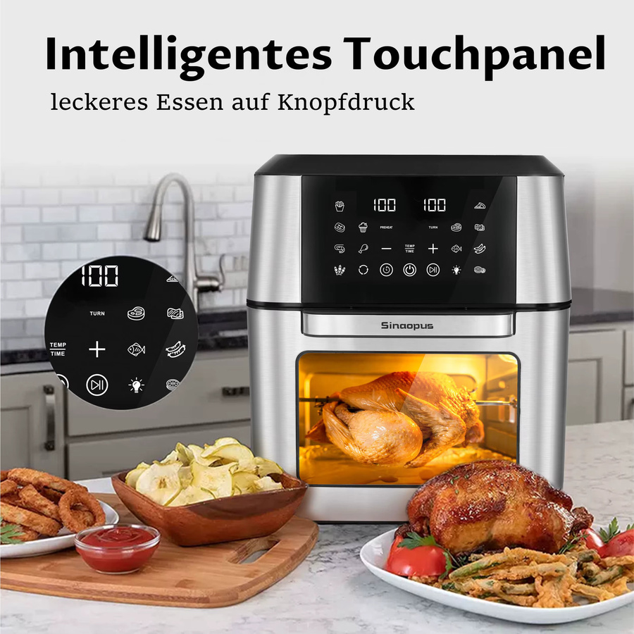 Sinaopus Heißluftfritteuse Küchenmaschine mit LED-Touch-Steuerung und Sichtfenster, 12 l, Edelstahl - Bild 2