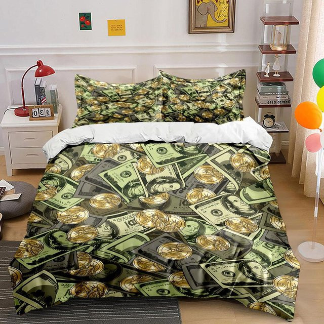 Flylo Bettwäsche-Set mit Dollar- und Münzdruck, Grün, B/T: 200 x 200 cm, inklusive 1 Bettbezug und 2 Kissenbezügen - Bild 1