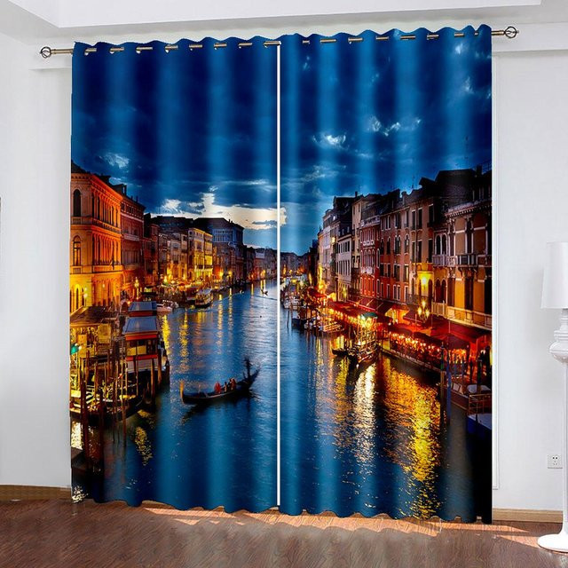 Yiran Furniture Vorhang mit 3D Stadtlandschaft Druck in Bunt, halbtransparentes Polyester-Fensterdekoration mit Ösen, Breite: 100 cm, Höhe: 130 cm - Bild 1