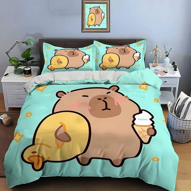 Lodestar Bettwäsche-Set Cartoon Wasserschwein in Türkis, 2-3-teiliges Set aus Mikrofaser bestehend aus Bettbezug und Kissenbezug, B/H: 135 x 200 cm - Bild 1