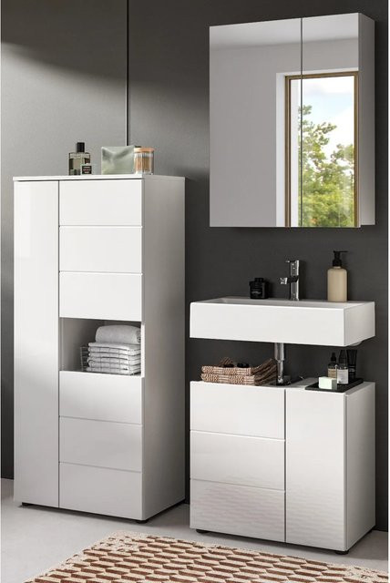 Inn.Furn Badmöbel Set Larik 3-teilig in Weiß Hochglanz mit Rillen-Optik, B/H: 135 x 190 cm - Bild 1