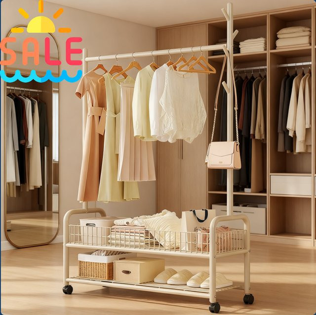 LIUSHADUOLA Mobiler Kleiderständer aus Metall in Beige oder Weiß mit Regalen und Haken für dein Schlafzimmer - Bild 1