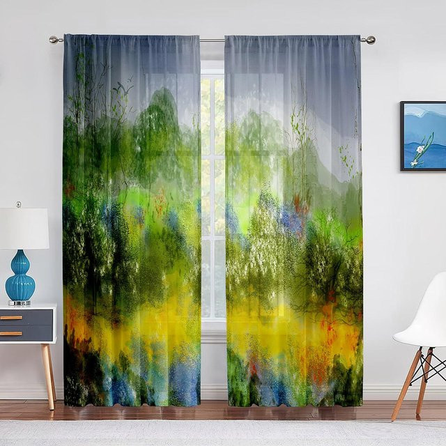 Binchi Outdoor Equipment Transparenter Tüll-Vorhang mit abstraktem Ölgemälde-Design, Organza-Chiffon-Vorhang mit Ösen, B/H: 100 x 250 cm, Mehrfarbig - Bild 1