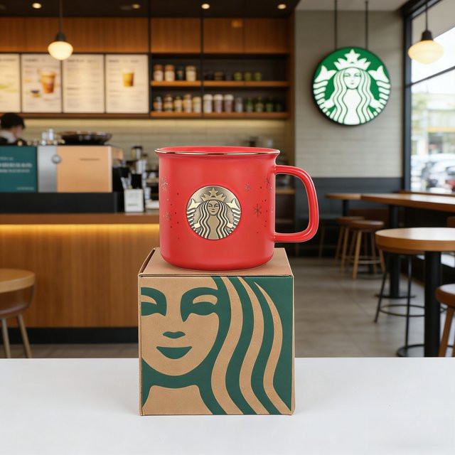 Starbucks Limited Christmas Keramikbecher in Rot mit Schneeflockenmuster und Bronzeabzeichen - Bild 1