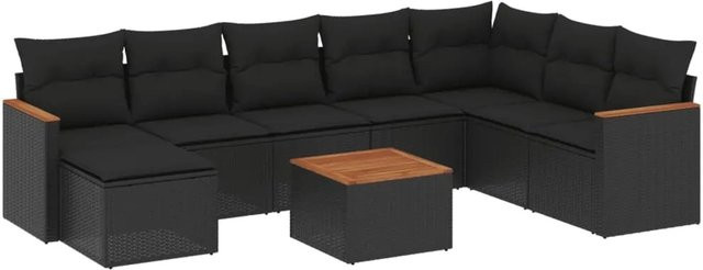 vidaXL 9-tlg Garten-Sofagarnitur in L-Form aus Poly-Rattan und Akazienholz mit Kissen in Schwarz - Bild 1