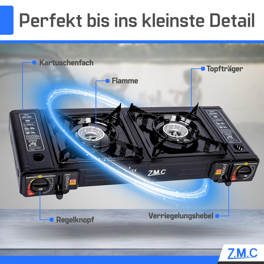 ZMC 2-flammiger Campingkocher 2,3 kW in Schwarz inklusive 20 Gaskartuschen à 227 g mit Piezo-Zündung, LPG-Adapter und tragbarem Koffer für Outdoor und Camping - Bild 3
