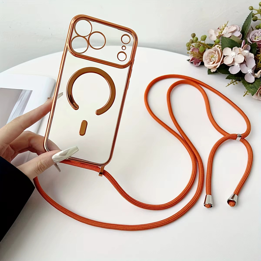 Jinitaimeik Magnetische Klare iPhone Hülle mit Lanyard-Halskette und MagSafe-Unterstützung, Transparent/Orange - Bild 3