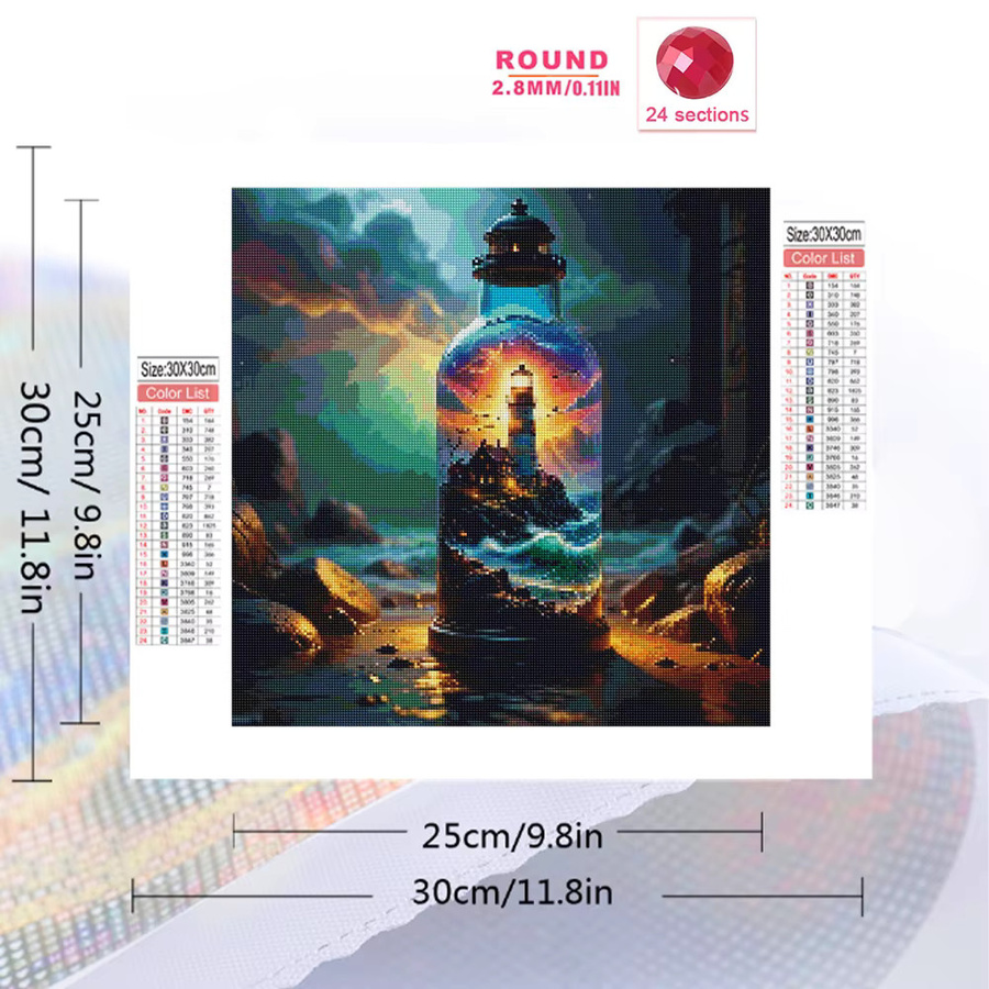 Momoart Diamantmalerei DIY Mosaik Set Leuchtturm am Meer Landschaft mit Glasflasche, Mehrfarbig - Bild 2