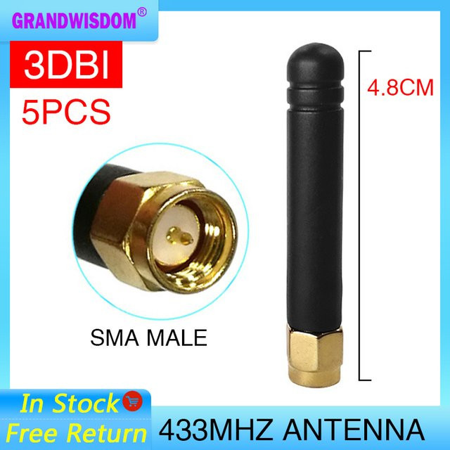 5er Set GRANDWISDOM 433MHz LoRa Antennen mit 3dBi Verstärkung und SMA Stecker, Schwarz, 5cm Länge, für Meshtastic, LoRaWAN und MeshCore Gateway, RG1.13 Pigtail - Bild 1