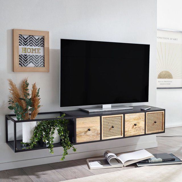 Hängendes TV-Lowboard Finebuy aus Mango Massivholz mit Wiener Geflecht in Braun, B: 150 cm, H: 35 cm, T: 25 cm - Bild 1