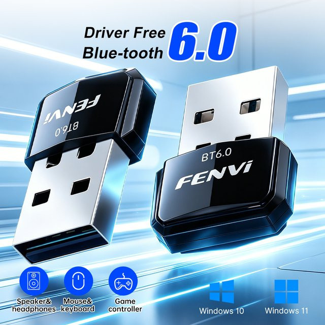 FENVI USB Bluetooth 6.0 Adapter in Schwarz für Lautsprecher, Maus, Tastatur und Audio-Empfang, kompatibel mit Windows 8.1/10/11, ohne Treiber - Bild 1