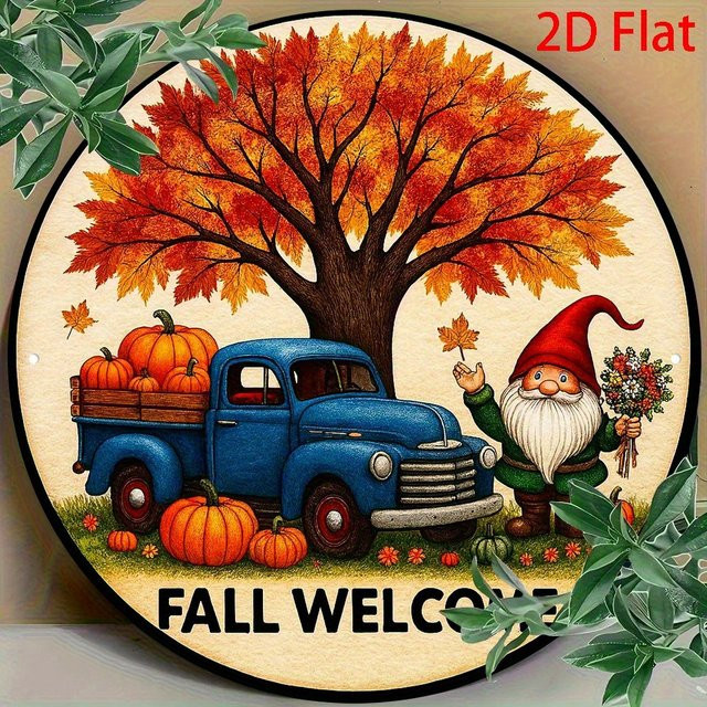 Potdemiel Fall Welcome Vintage Aluminiumschild rund, Wanddekoration Herbst Floral, Durchmesser: 20 cm - Bild 1