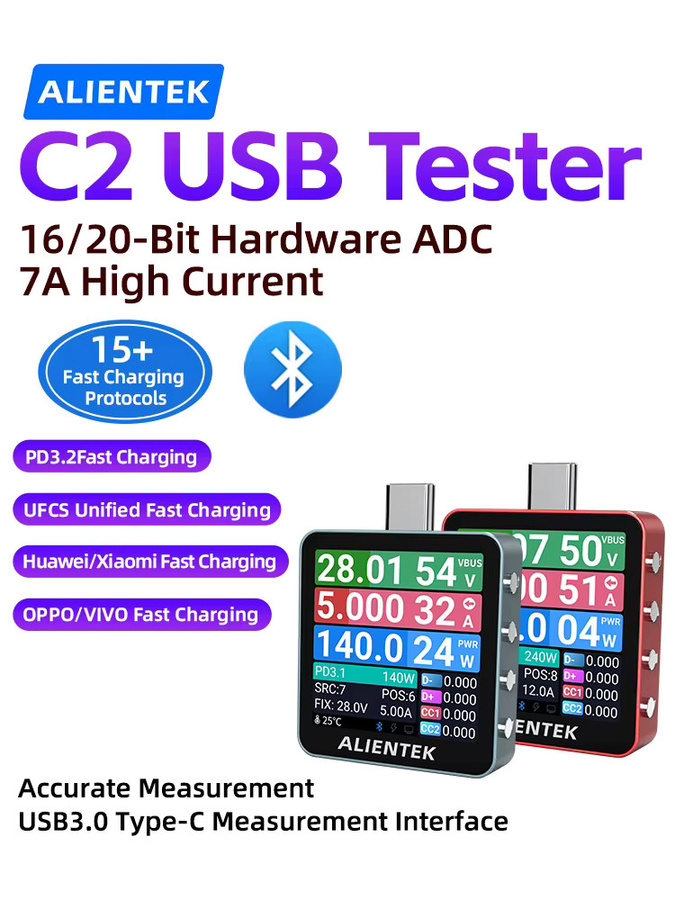 Alientek C2 USB-Tester Digitales Voltmeter und Ladedetektor mit PD3.2 Schnellladungserkennung und Batterietester in Schwarz - Bild 4