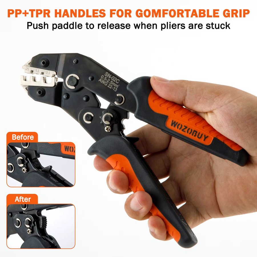 WOZOBUY SN-02C Crimpzange Ratschendraht-Crimper für isolierte Steckverbinder AWG22-13 Sortimentsset für Kabelschuhe, Ringe, Spaten und Stöße - Bild 3