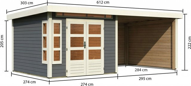 Karibu Gartenhaus Holz KASTORF 6 in Terragrau mit Anbaudach und Rück- sowie Seitenwand, B/T: 274 x 274 cm - Bild 1