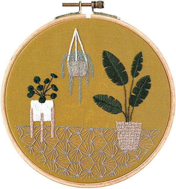 Rico Design Stickpackung Slow Evenings Urban Jungle Pflanzmotiv in Senf, Durchmesser: 15,5 cm - Bild 1