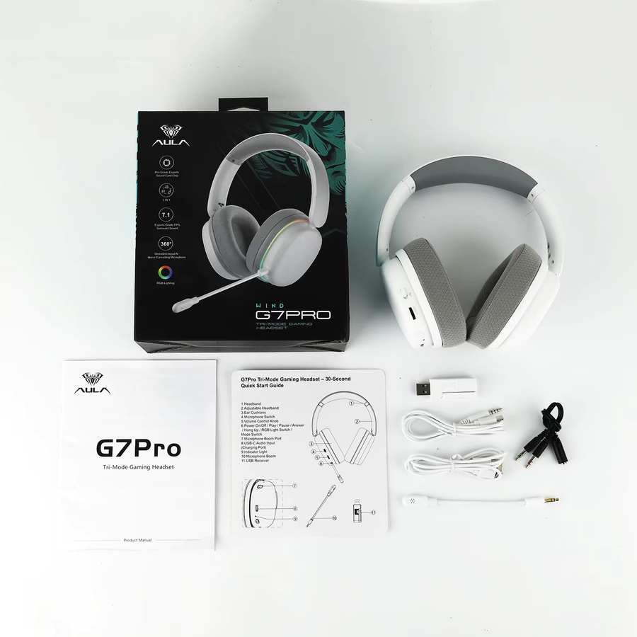 AULA G7 Pro Gaming-Kopfhörer mit 7.1 Surround-Sound, Bluetooth und 2,4 GHz kabellos, weiß, mit geräuschunterdrückendem Mikrofon für PC, PS4, PS5 und Nintendo Switch - Bild 5