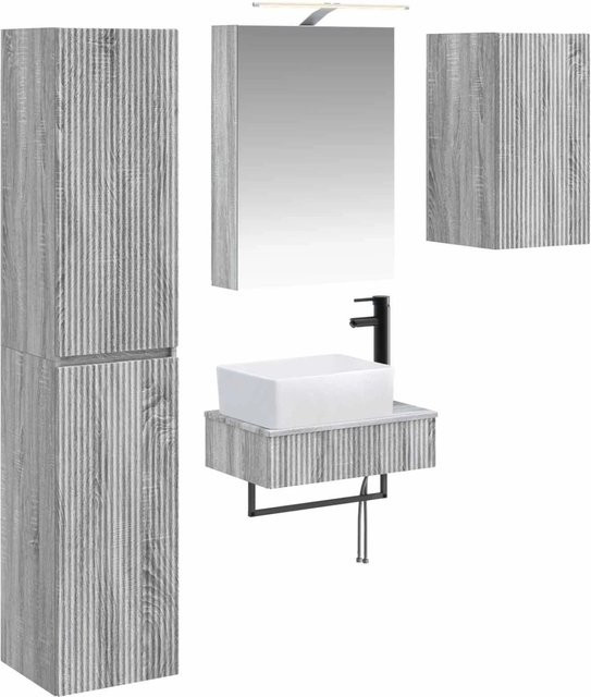 vidaXL Badezimmermöbel-Set in Grau, modern gestaltet mit Waschtischunterschrank, Spiegelschrank mit LED-Beleuchtung und Glastüren aus Ingenieurholz und Glas - Bild 1