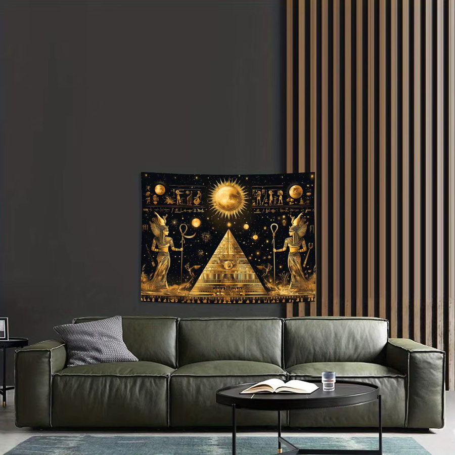 VIKAMA Vintage Wandteppich mit ägyptischer Pyramide und Kalligraphiekunst in Gold, Retro-Wüsten-Sonnenuntergang Wandbehang - Bild 3