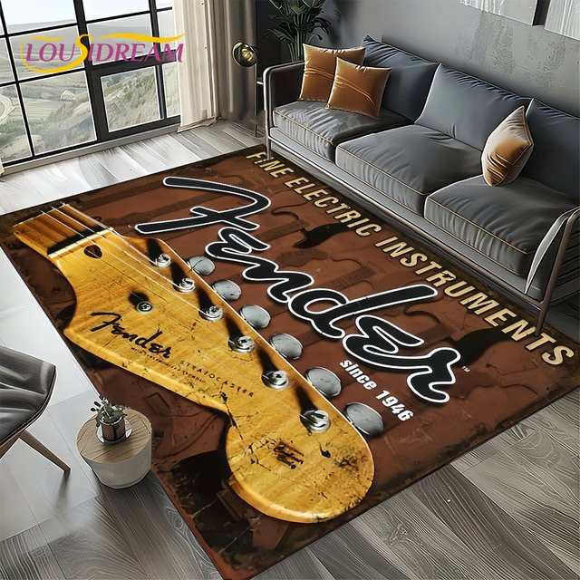 LOUSIDREAM Retro Musik-Teppich mit 3D-Gitarren-Design, rutschfeste Bodenmatte in Braun für Wohnzimmer und Schlafzimmer - Bild 1