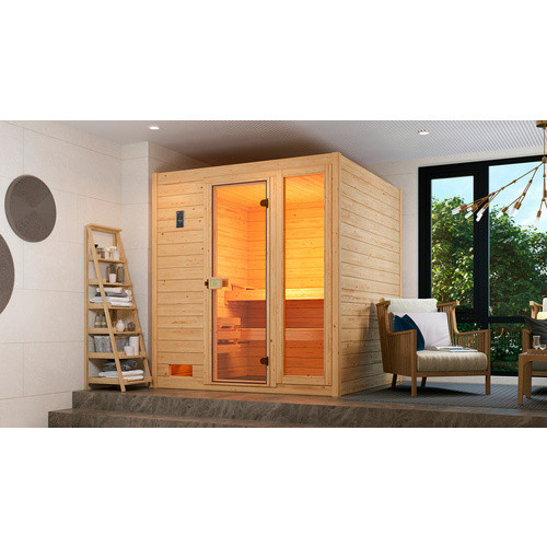 WEKA Massivholzsauna Valida 3 für 6 Personen in Braun inklusive 7,5 kW Ofen mit externer Steuerung und Sparset mit Glastür und Fenstern - Bild 2