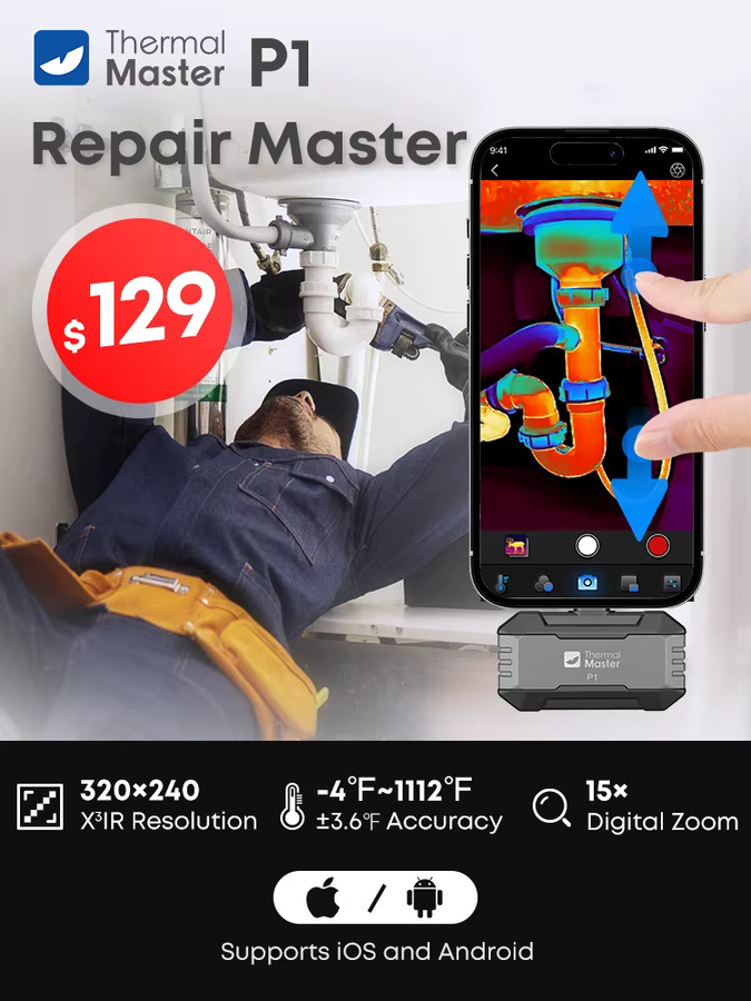 Thermal Master P1 Wärmebildkamera für iPhone und Android-Smartphones mit 320x240 X³IR Auflösung, 600 °C Hochtemperaturbereich und 25Hz, Farbe: Schwarz - Bild 6