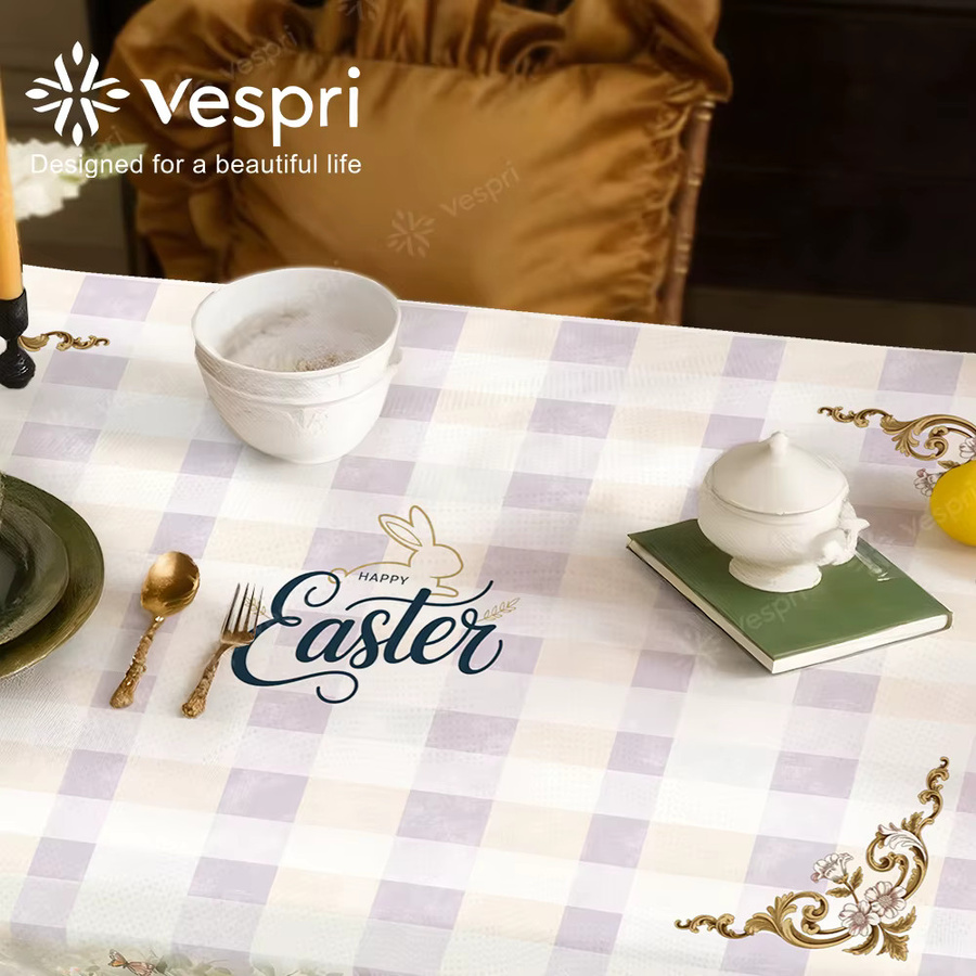 Vespri Oster-Tischdecke mit lila Blumen, Kaninchen und Schmetterlingen aus Polyester, Weiß/Lila/Mehrfarbig - Bild 3
