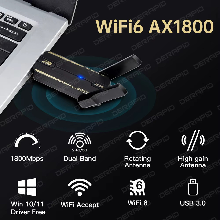 DERAPID AX1800 WiFi 6 USB 3.0 Adapter Dual Band 2,4G/5GHz Netzwerkkarte in Schwarz - Bild 2