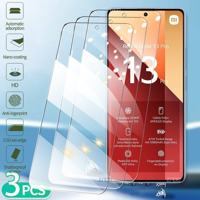 3er-Set Displayschutzfolie aus gehärtetem Glas für Xiaomi Redmi Note 13 Pro Plus, Redmi Note 13 4G und Redmi Note 13 5G, transparent - Bild 1