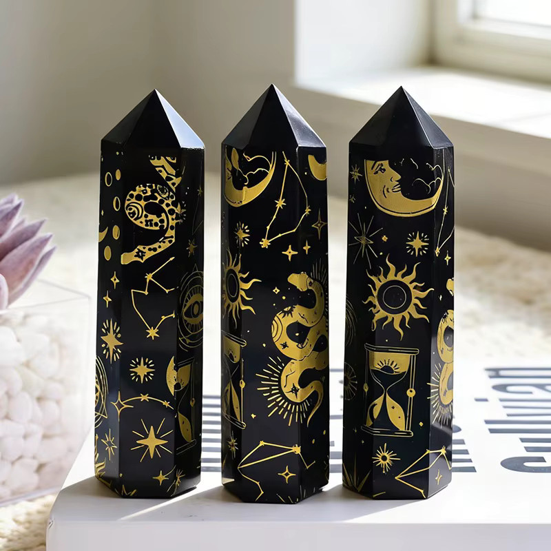RYCRYSTAL Obsidian-Kristallstab Obelisk in Schwarz und Silber als dekorative Heimdekoration - Bild 2