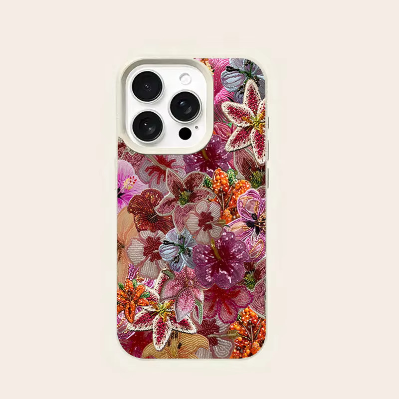 Luxuriöse Silikon-Handyhülle mit Perlen-Blumen-Design und Litschi-Textur für Apple iPhone 17 16 15 14 13 12 11 Pro Max Plus in Multicolour - Bild 2
