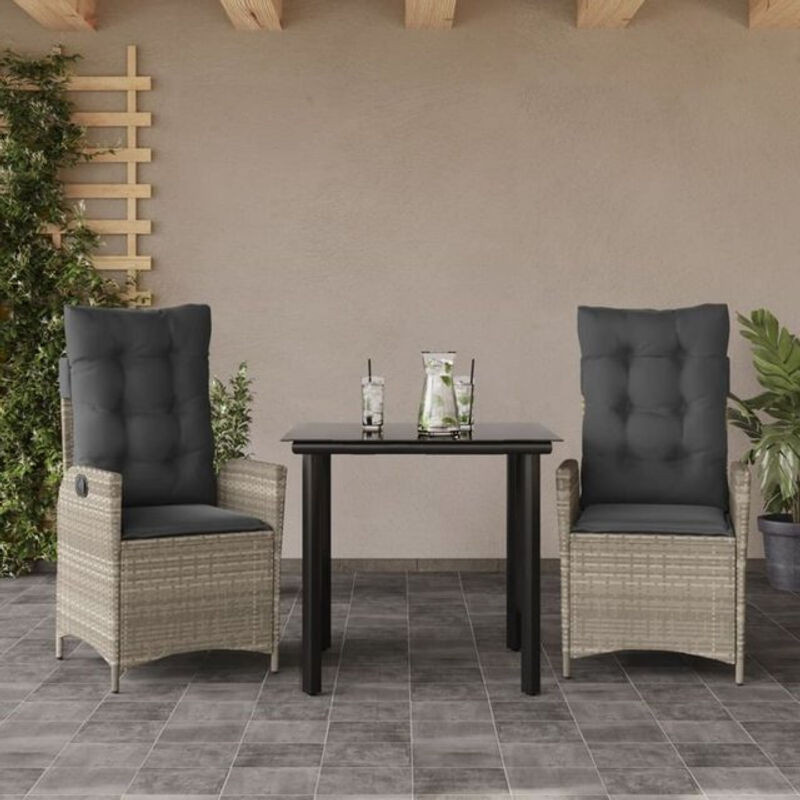 3-teilige Garten-Essgruppe aus Poly-Rattan mit Kissen und Glastisch in Hellgrau von vidaxl - Bild 1