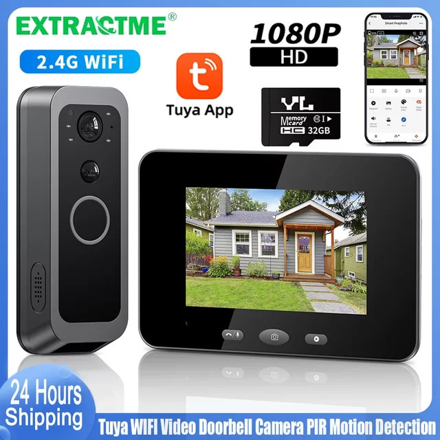 Extractme Tuya WIFI Video-Türklingel-Kamera in Schwarz mit 1080P HD, PIR Nachtsicht, Bewegungserkennung, Zwei-Wege-Audio und Türspion-Funktion - Bild 1