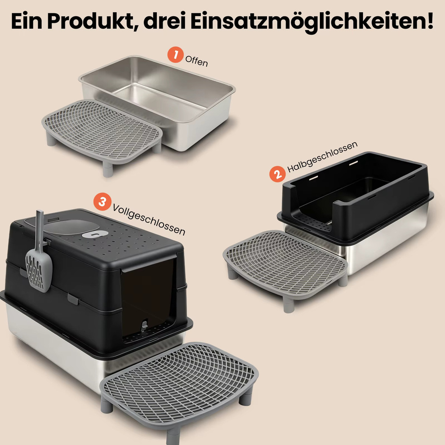 XXL Edelstahl Katzentoilette mit Deckel und Streu-Treppe in Silber oder Schwarz, B/T/H: 60 x 43 x 40 cm - Bild 3