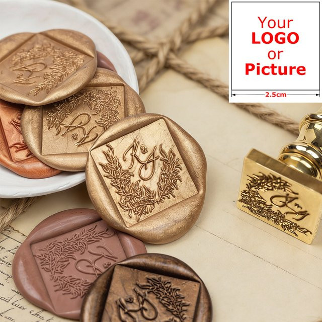 Personalisiertes DIY Logo Wachssiegel-Stempel in Gold für Hochzeitseinladungen und Karten-Dekoration in runder oder quadratischer Form - Bild 1
