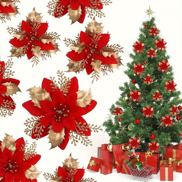DUTRIEUX 20 Stück Weihnachtssterne-Clips aus Kunststoff in Rot, Gold und Silber mit Blumen-Design als hängende Weihnachtsdekoration - Bild 1