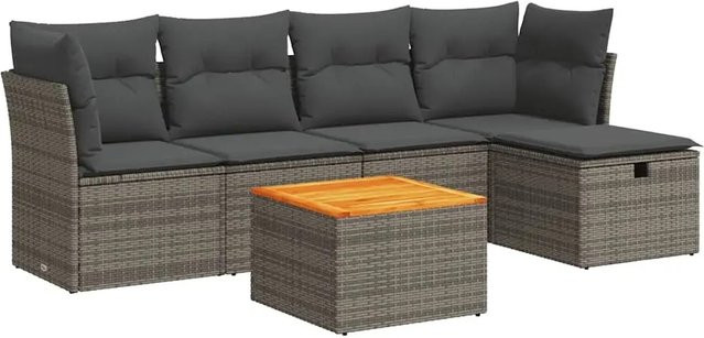vidaXL 6-teilige Garten-Sofagarnitur aus Polyrattan in Grau mit Kissen und L-Form für Terrasse und Garten - Bild 1