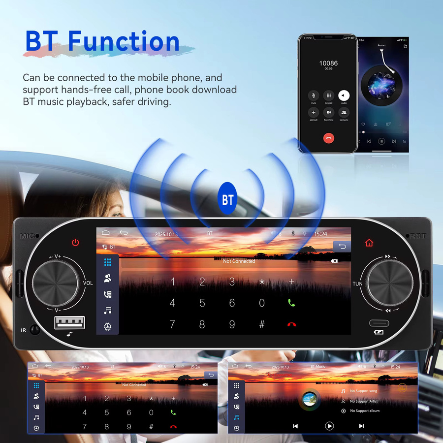 Podofo 1Din MP5 Multimedia-Player mit 5,1 Zoll Display, kabellosem CarPlay, Android Auto, Bluetooth und Mirror Link in Schwarz - Bild 4